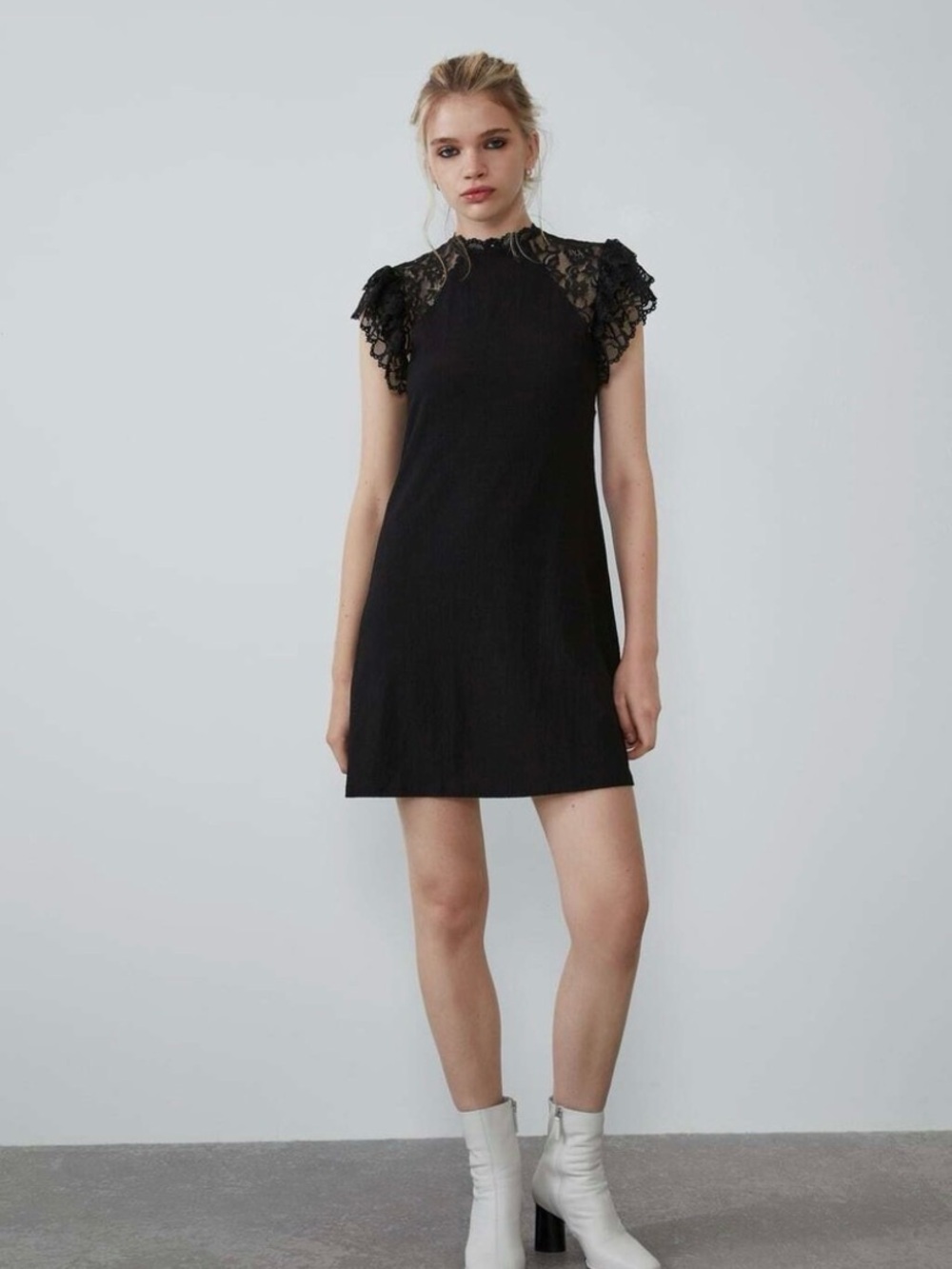 Zara Black Lace-Sleeve Mini Dress
